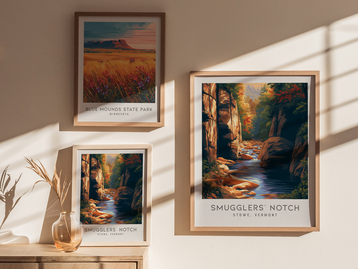 Smugglers' Notch Matte Border Poster | Stowe, Vermont Travel Wall Art — styled in a modern interior