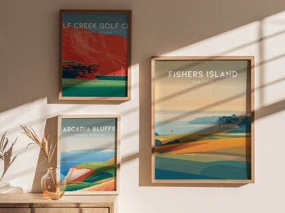 Fishers Island, New York Poster | Links Poster & Country Club Decor Wall Art — styled in a modern interior