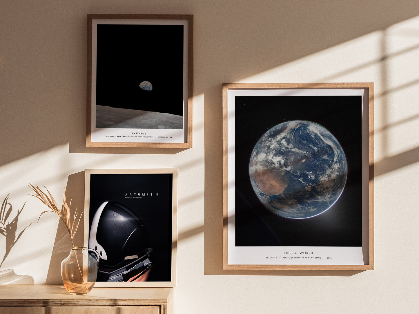 Framed Earth from space poster showcasing vivid blues, whites, and greens against a black backdrop, perfect for space art enthusiasts.