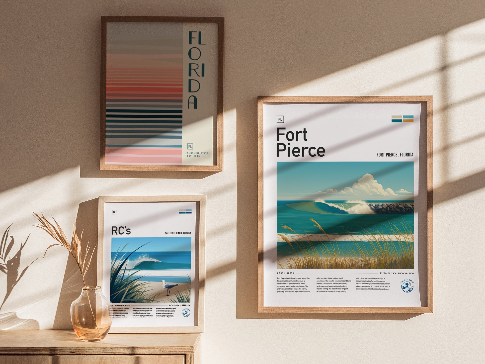 Three framed posters hang on a sunlit wall. The largest depicts a wave at Fort Pierce, Florida, while the others feature abstract stripes and a seagull on a beach.