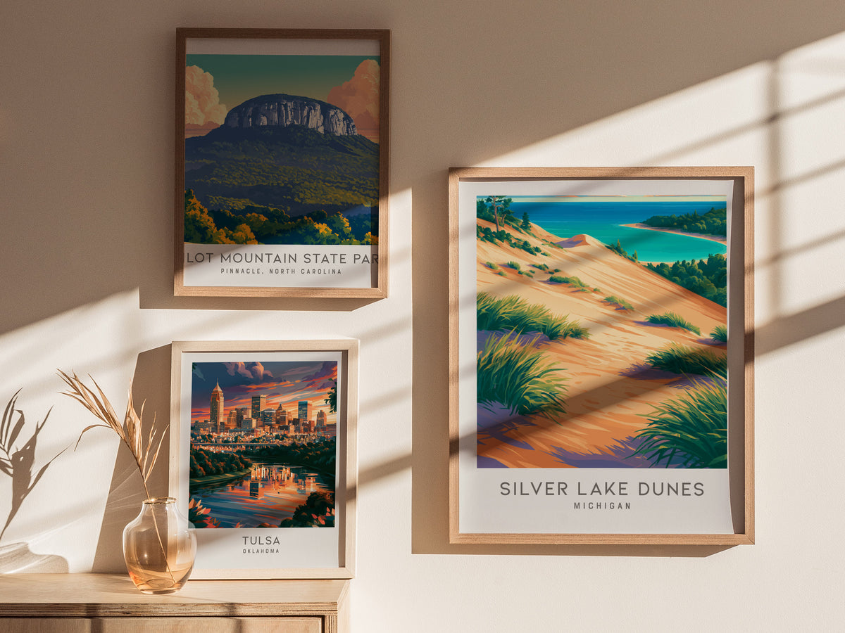 Silver Lake Dunes Matte Border Poster | Michigan Coastal Beach Decor Travel Wall Art — styled in a modern interior