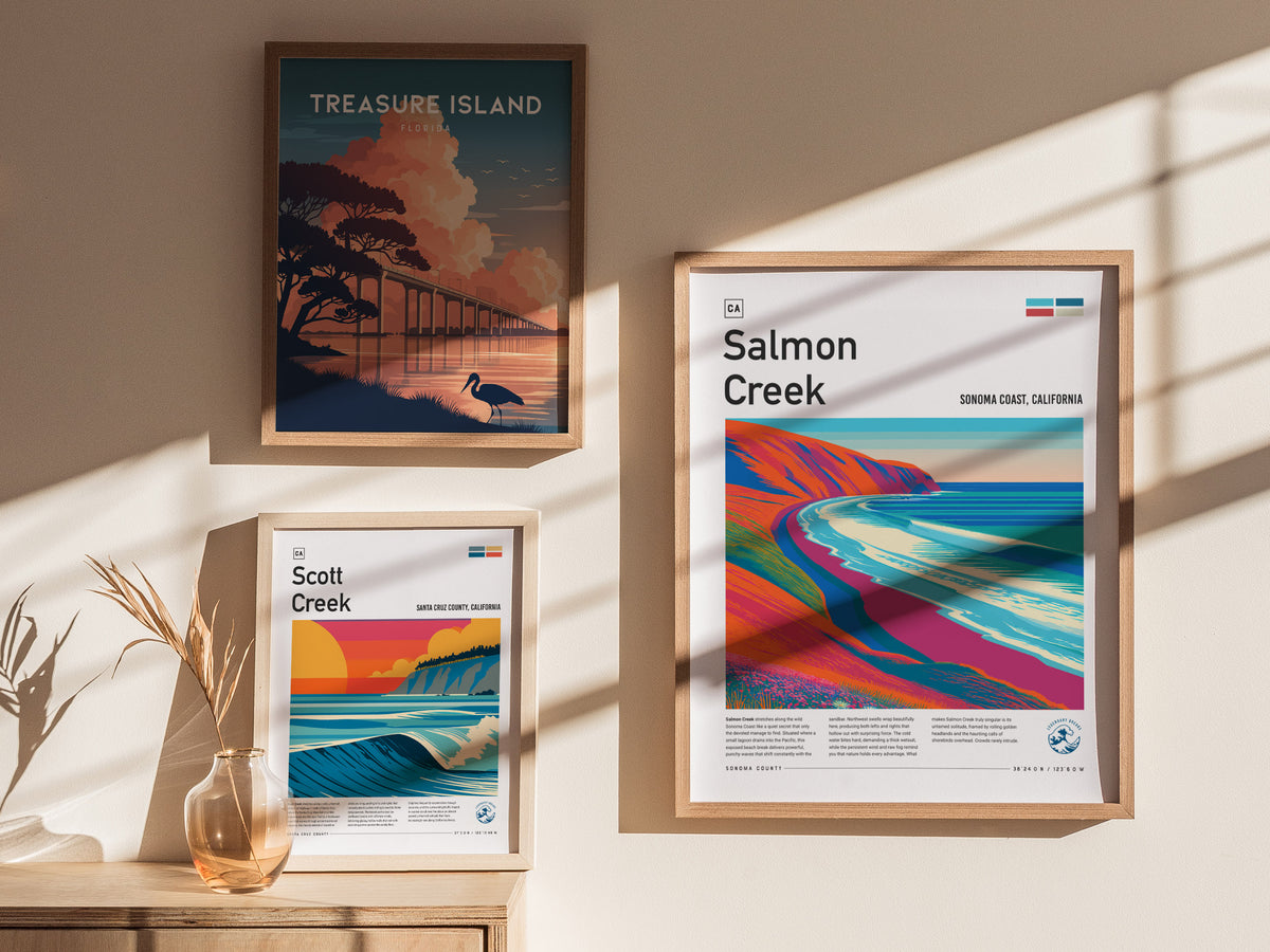 Salmon Creek, Sonoma Coast, California Poster | Surf Wall Art & Wave Print — styled in a modern interior