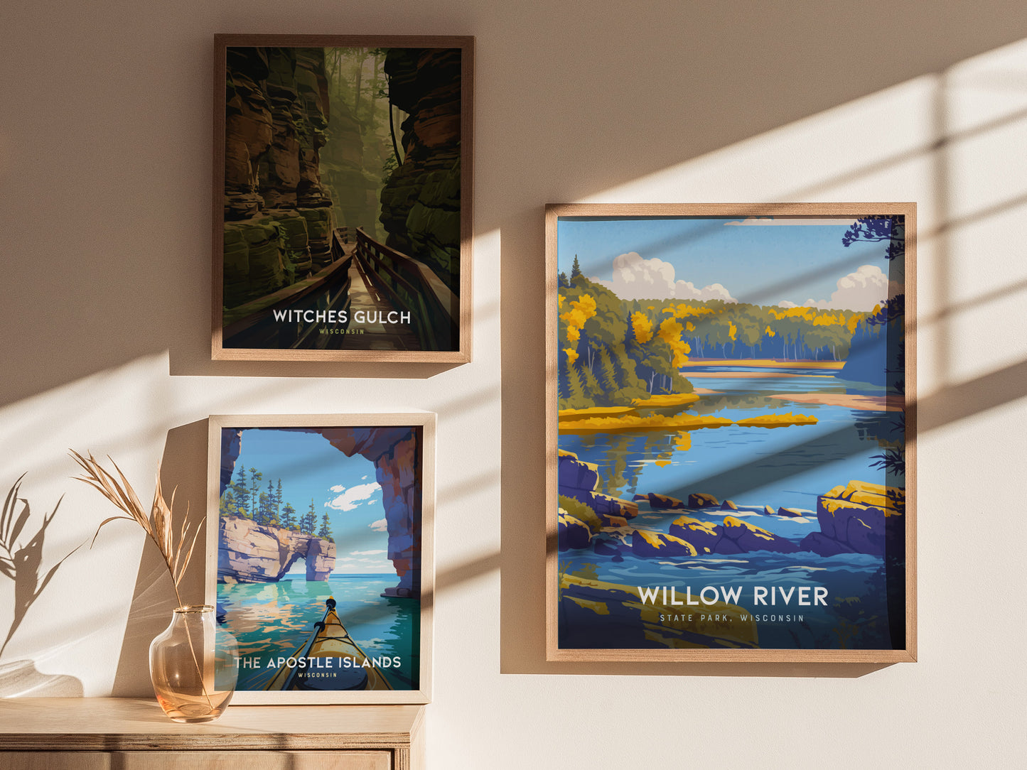 Framed Willow River Wisconsin poster featuring a serene river scene with vibrant blues and yellows, surrounded by lush trees and rocks.