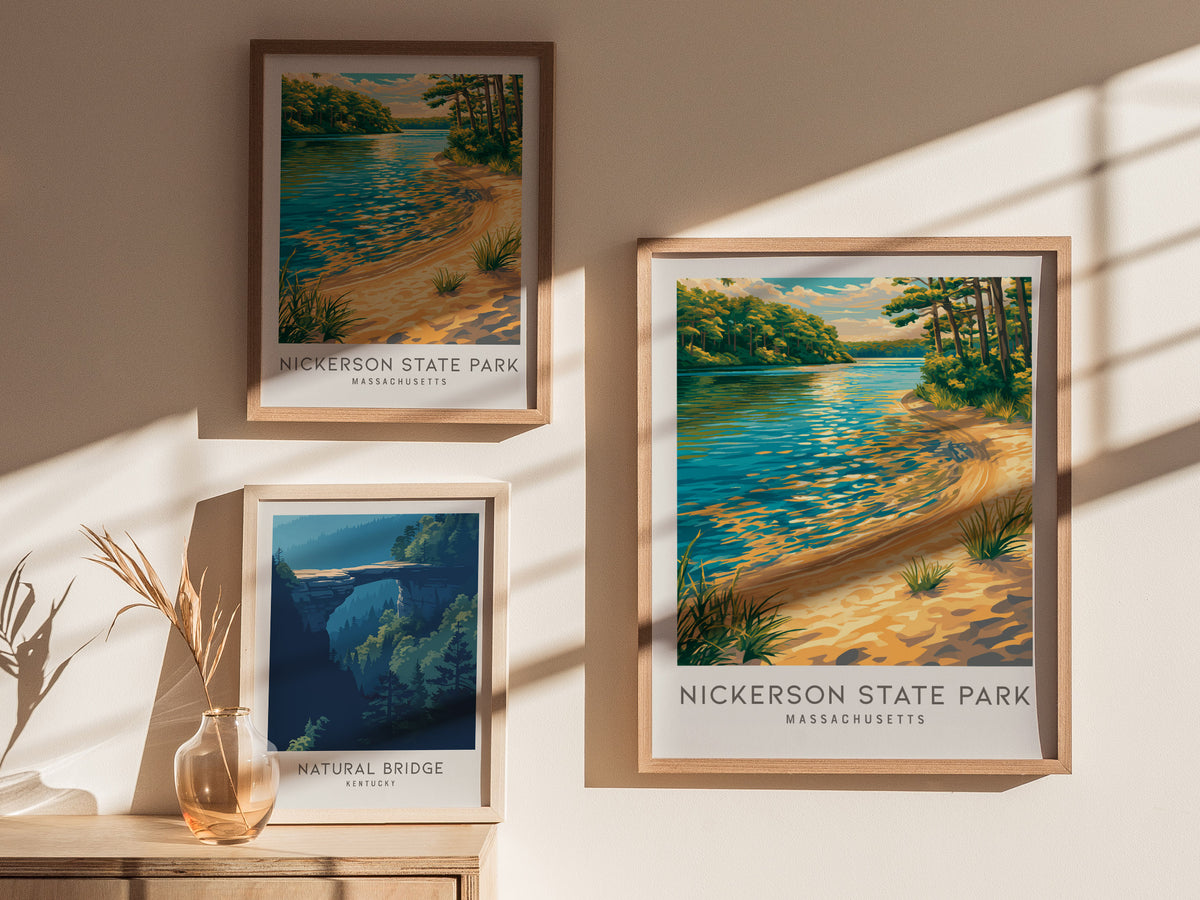 Nickerson State Park Matte Border Poster | Massachusetts Destination Print Travel Wall Art — styled in a modern interior
