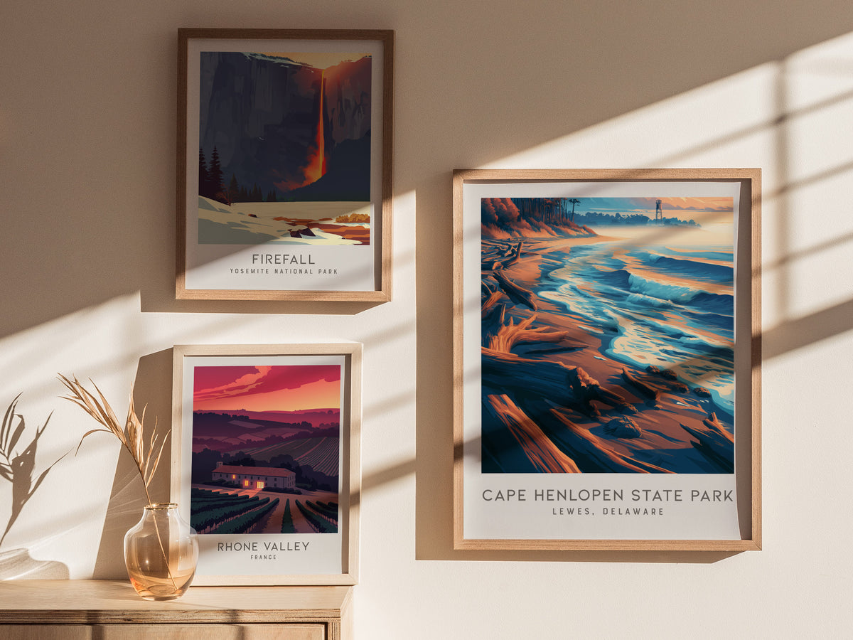 Cape Henlopen State Park Matte Border Poster | Lewes, Delaware Travel Wall Art — styled in a modern interior