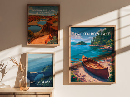 Broken Bow Lake, Oklahoma Poster | Pine Forest & Lake Retreat Wall Art — styled in a modern interior