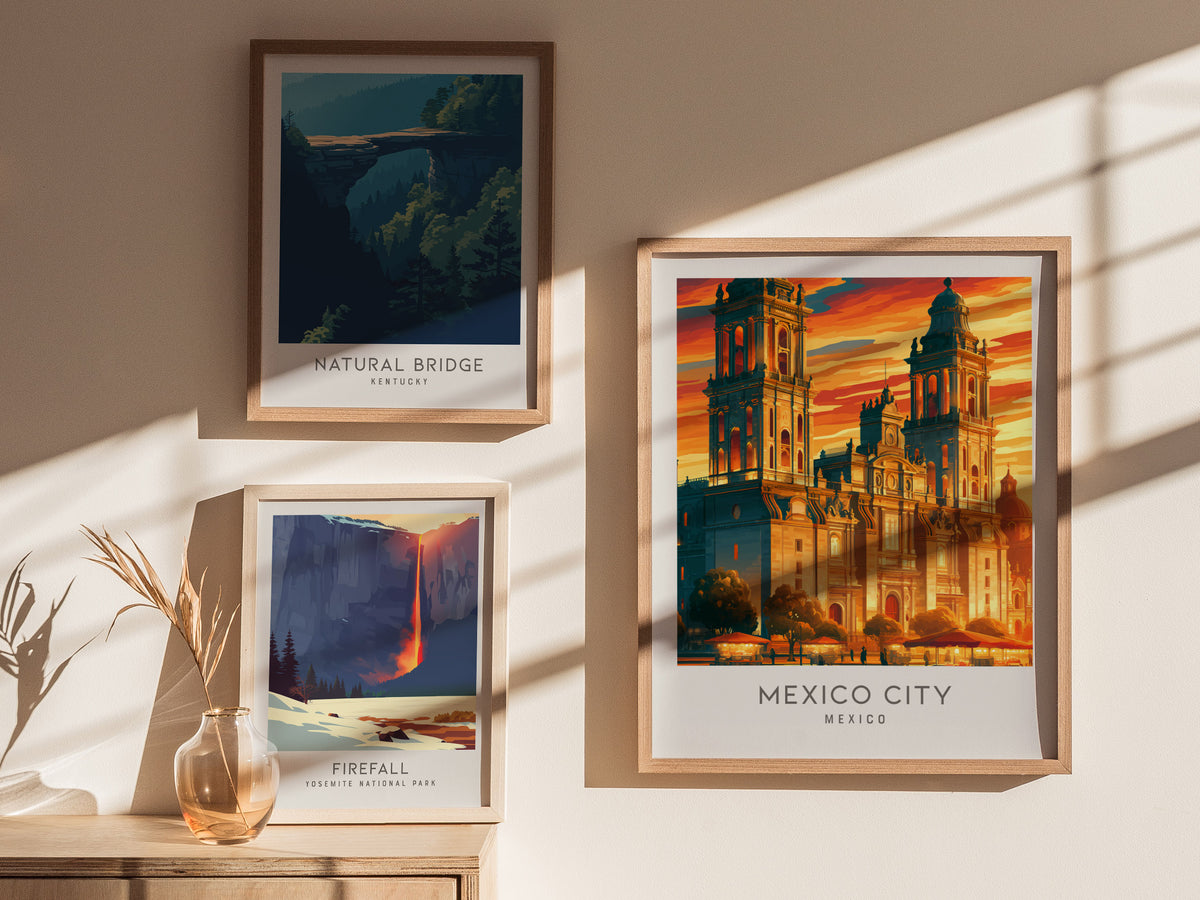 Mexico City Matte Border Poster | Mexico Destination Print Travel Wall Art — styled in a modern interior