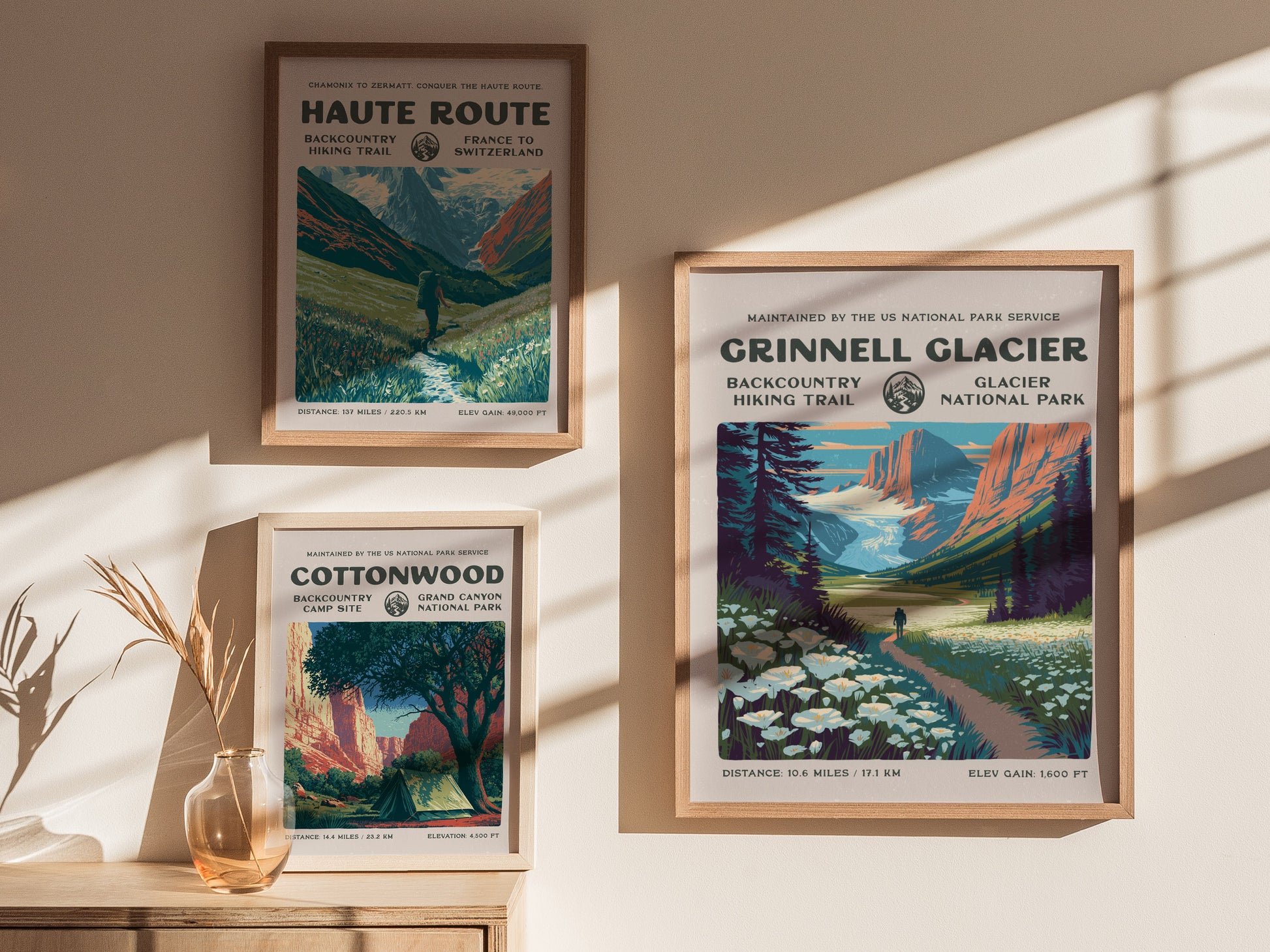 Grinnell Glacier, Glacier National Park Poster | Hiker Gift | Backcountry Trail Wall Art — styled in a modern interior