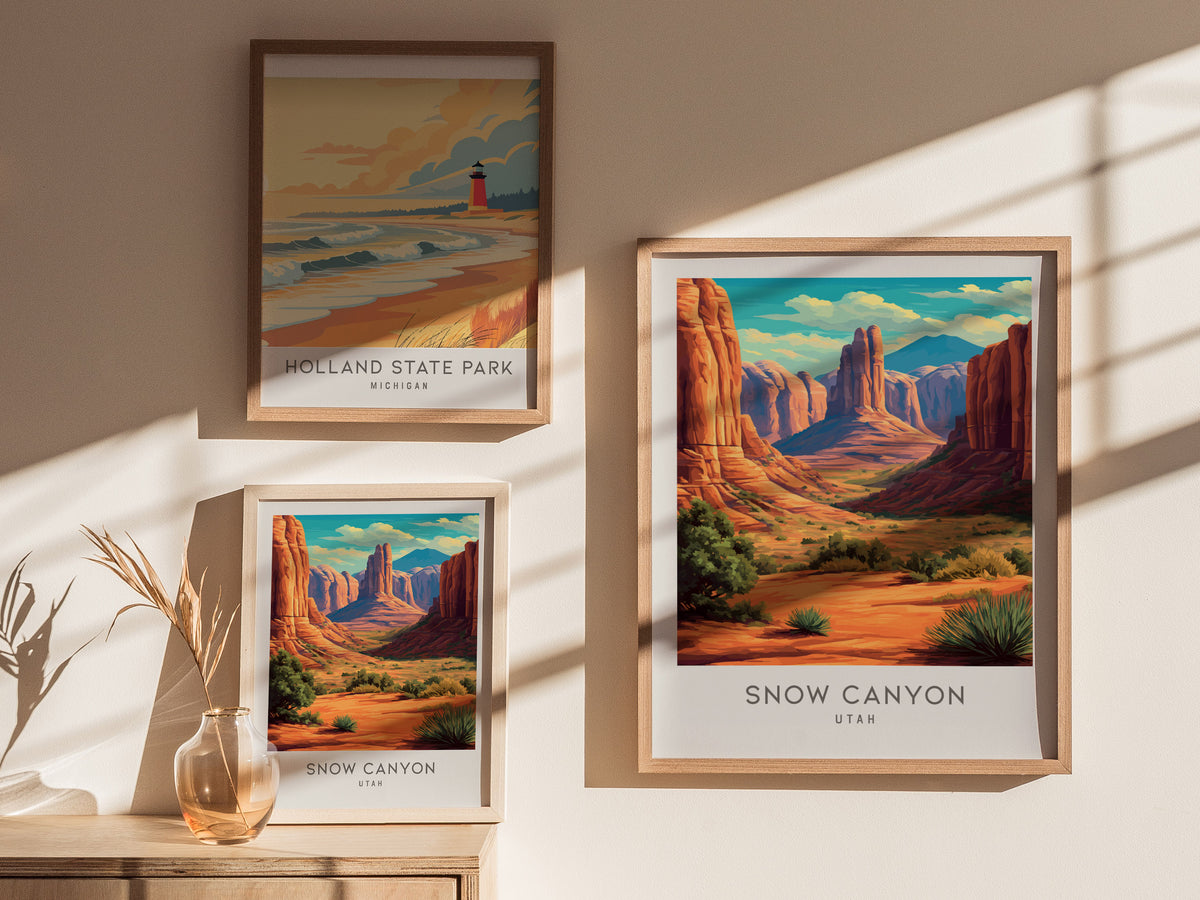 Snow Canyon Matte Border Poster | Utah Travel Wall Art — styled in a modern interior