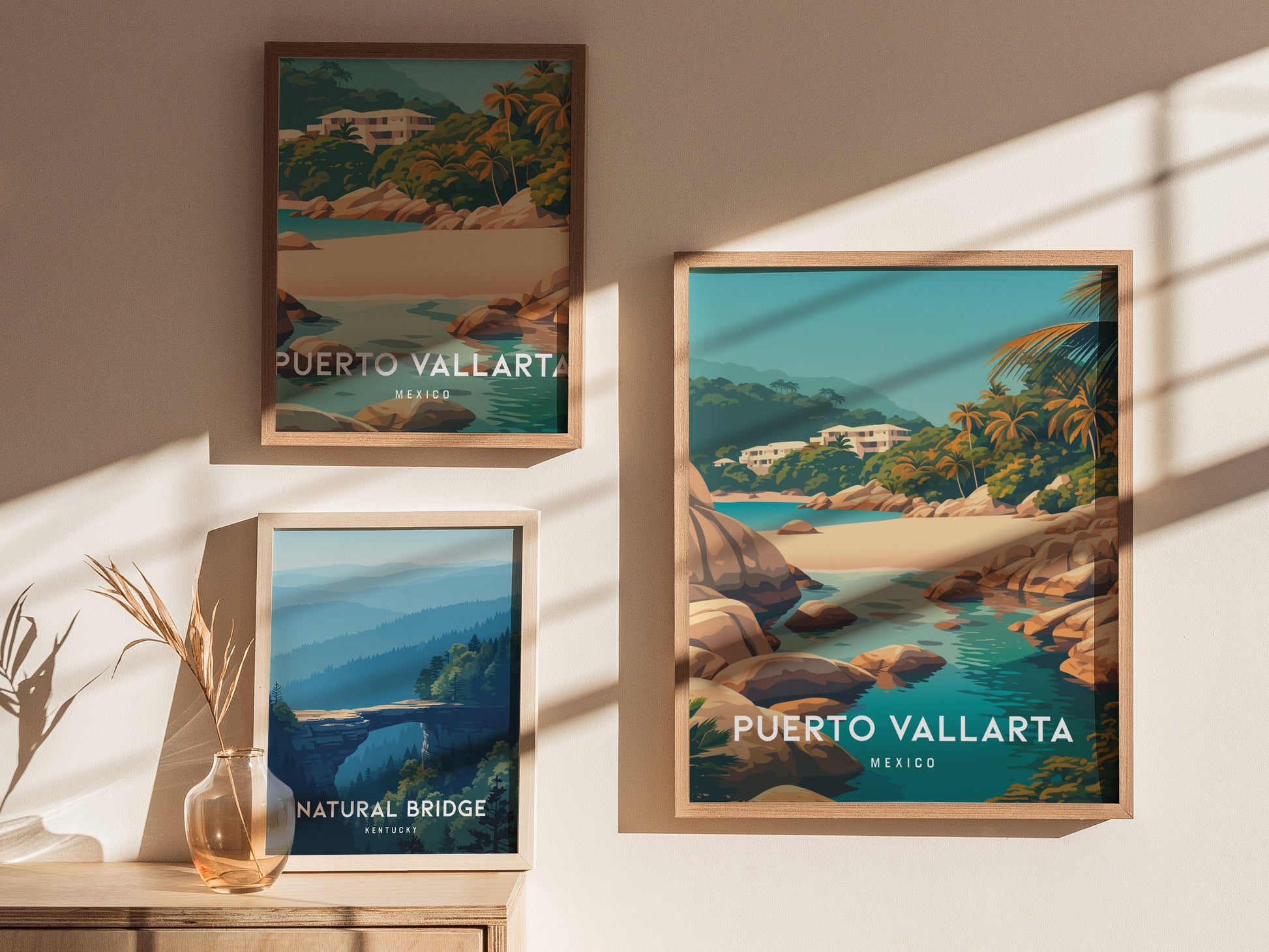 Puerto Vallarta, Mexico Poster | Tropical Coast & Cathedral Wall Art — styled in a modern interior