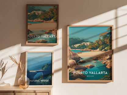 Puerto Vallarta, Mexico Poster | Tropical Coast & Cathedral Wall Art — styled in a modern interior