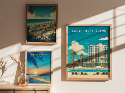 Three framed travel posters are displayed on a sunlit wall, showcasing illustrations of Cancun, Riviera Maya, and South Padre Island, each with vibrant coastal scenery and bold typography.