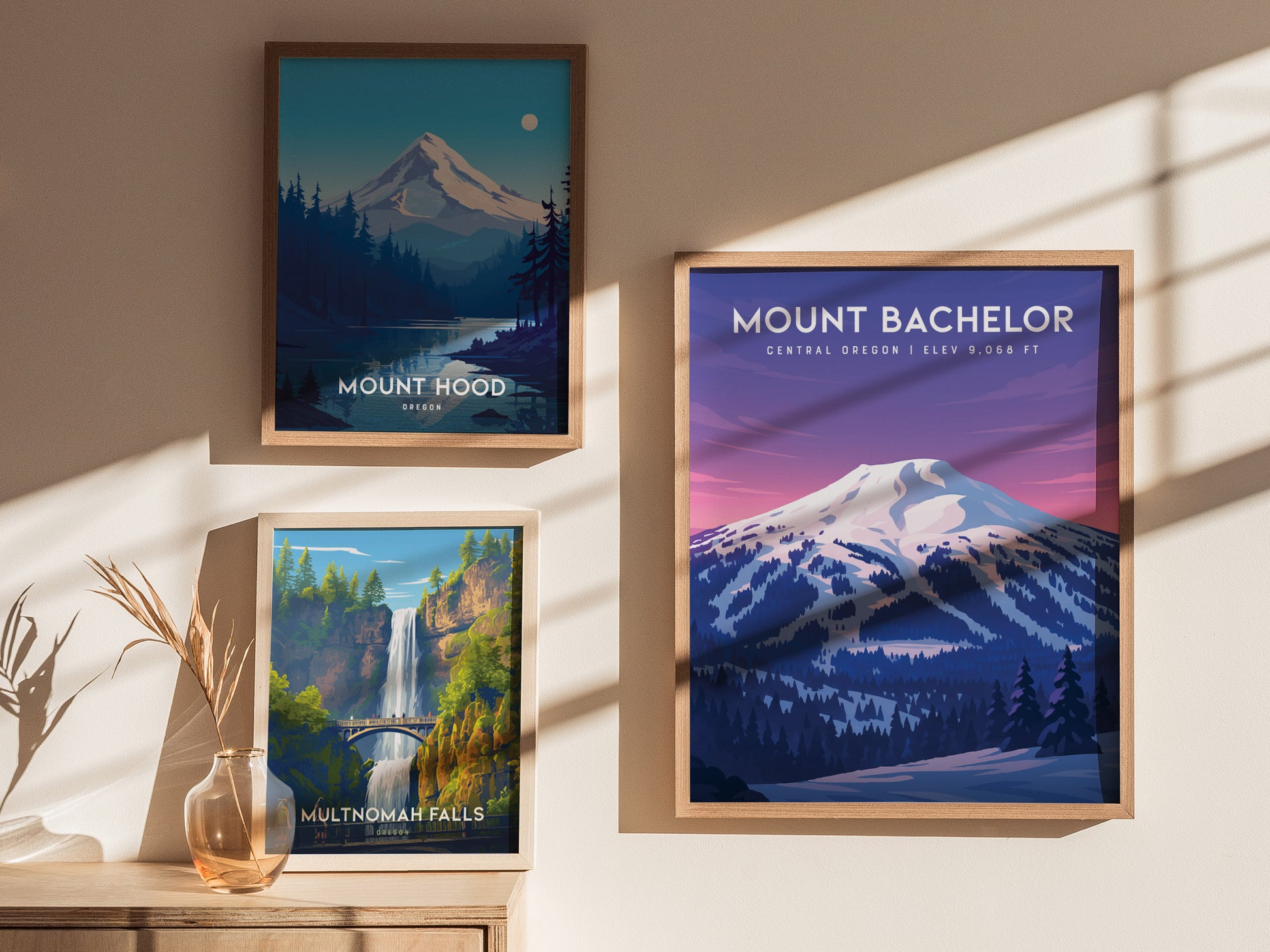 Framed Mount Bachelor poster features snow-covered peaks in vibrant blues and purples, highlighting ski runs for travel art lovers.