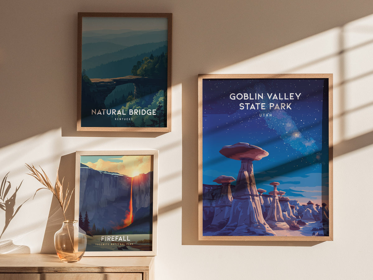 Goblin Valley State Park, Utah Poster | Desert Adventure Framed or Unframed Wall Art — styled in a modern interior