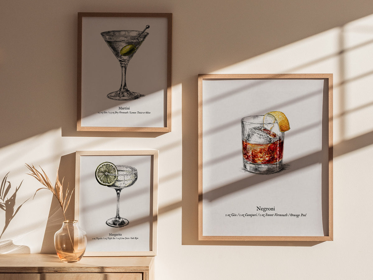 Negroni Poster | Vintage Cocktail Scientific Illustration Wall Art — styled in a modern interior