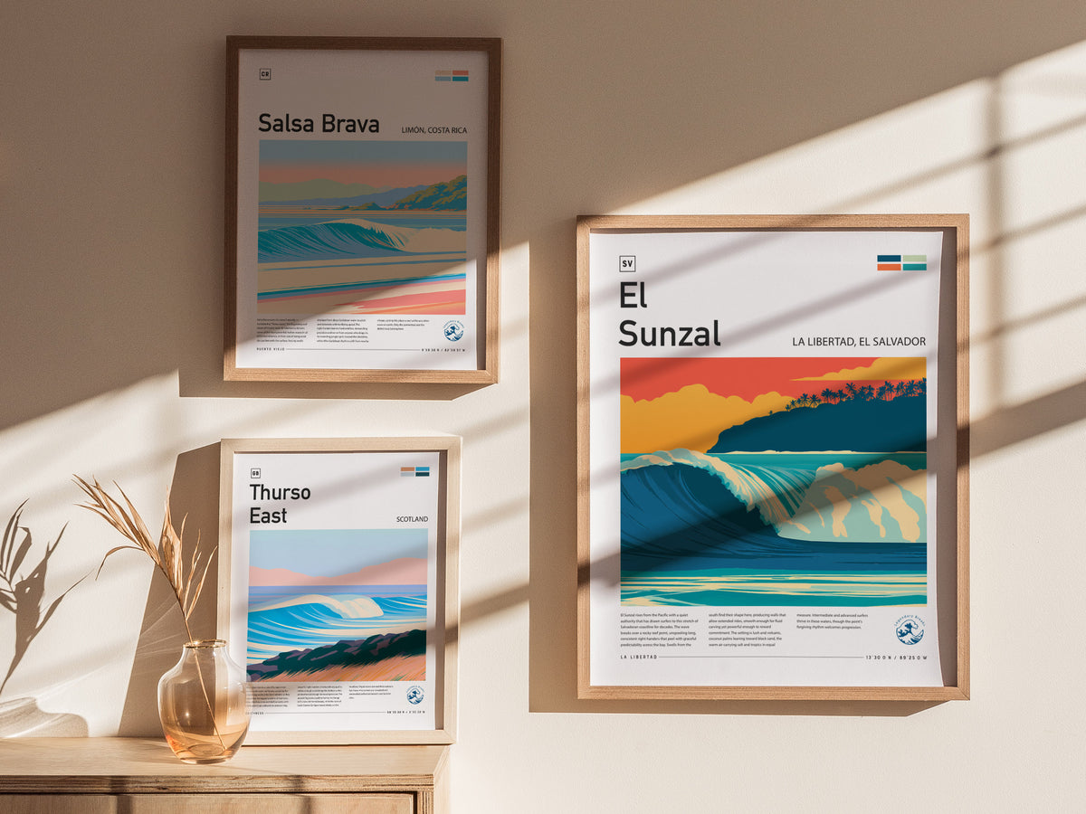 El Sunzal, La Libertad, El Salvador Poster | Tropical Surf Wall Art — styled in a modern interior