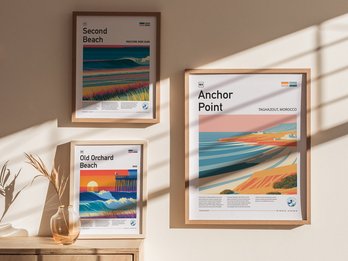 Anchor Point, Taghazout, Morocco Poster | Surf Wall Art & Coastal Vibes Print — styled in a modern interior