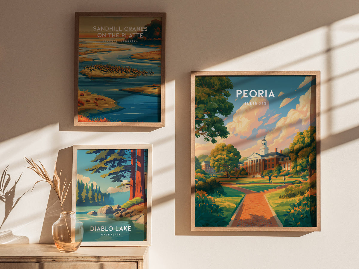 Peoria, Illinois Poster | River City Charm Framed or Unframed Wall Art — styled in a modern interior