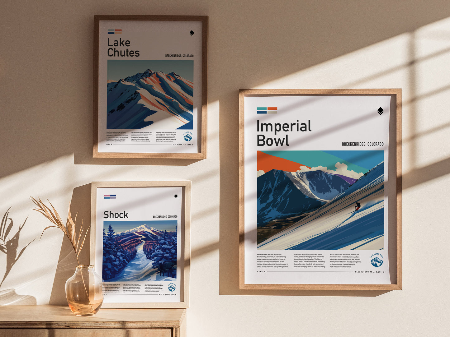 Stylized Imperial Bowl ski scene poster featuring a skier descending a snowy slope in Breckenridge, Colorado with vibrant sky colors.