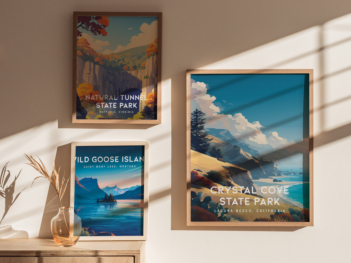 Crystal Cove State Park, Laguna Beach, California Poster | Coastal Beach Decor Wall Art — styled in a modern interior