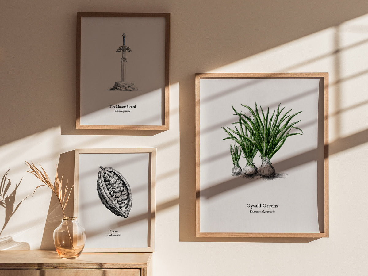 Gysahl Greens Poster | Brassica chocobonis Pen and Ink Print Vintage Botanical Illustration — styled in a modern interior