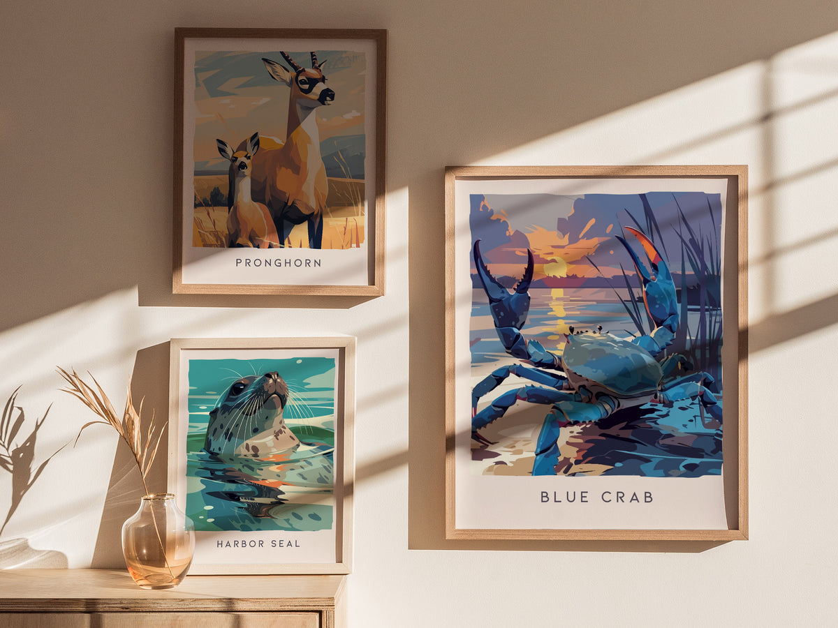 Blue Crab, Callinectes sapidus Poster | Coastal Wildlife Wall Art — styled in a modern interior