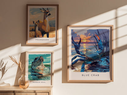 Blue Crab, Callinectes sapidus Poster | Coastal Wildlife Wall Art — styled in a modern interior
