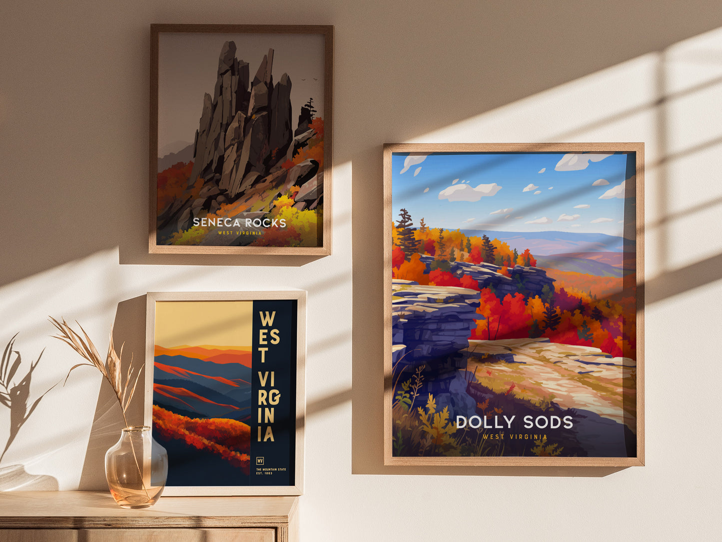 Vibrant autumn landscape of Dolly Sods with colorful trees, rocky cliffs, and a bright blue sky, perfect travel art for your decor.