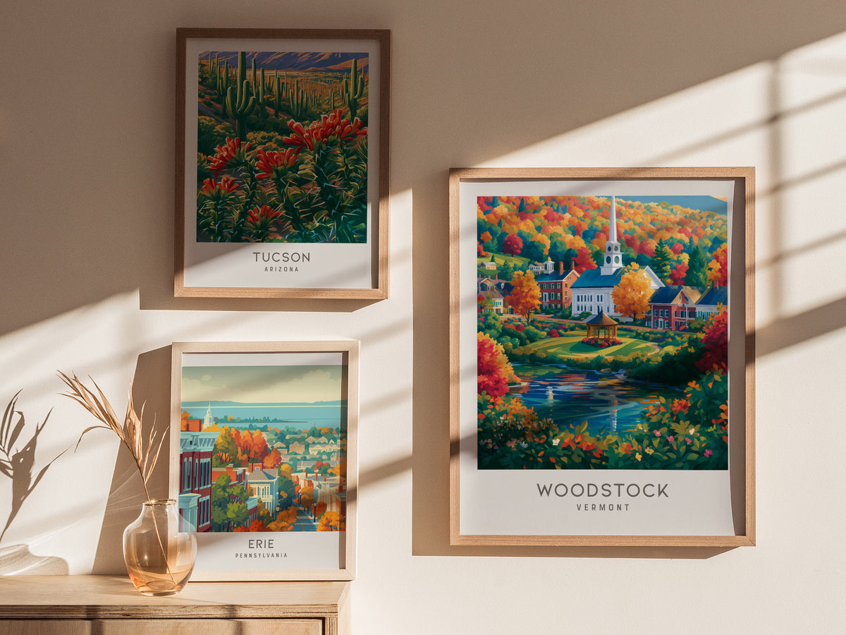 Woodstock Matte Border Poster | Vermont Travel Gift Framed or Unframed — styled in a modern interior