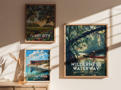 Framed wall art displays three posters: Wilderness Waterway featuring a canoeist in a lush mangrove, Plant City with a vibrant landscape, and Dry Tortugas depicting a coastal scene.