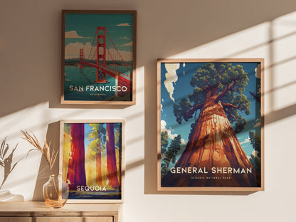 Three framed posters are displayed on a sunlit wall, featuring San Franciscos Golden Gate Bridge, Sequoia trees, and the General Sherman Tree in Sequoia National Park.