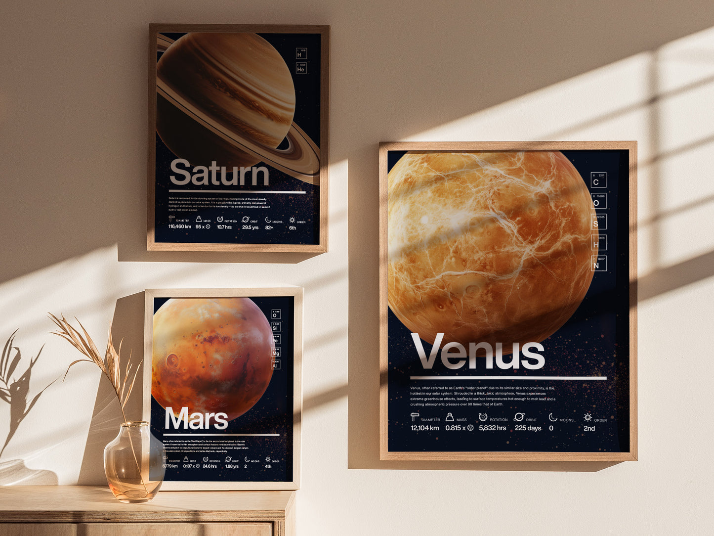 Three framed planet posters labeled Saturn, Venus, and Mars are displayed on a wall. They feature detailed planetary images and scientific data, with sunlight casting shadows across them.