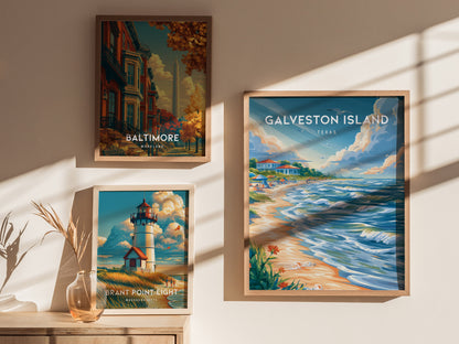 Galveston Island, Texas Poster | Seaside Pier & Gulf Coast Wall Art — styled in a modern interior