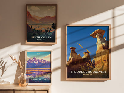Three framed national park posters are displayed on a wall, featuring Death Valley, Grand Teton, and Theodore Roosevelt with striking landscapes.