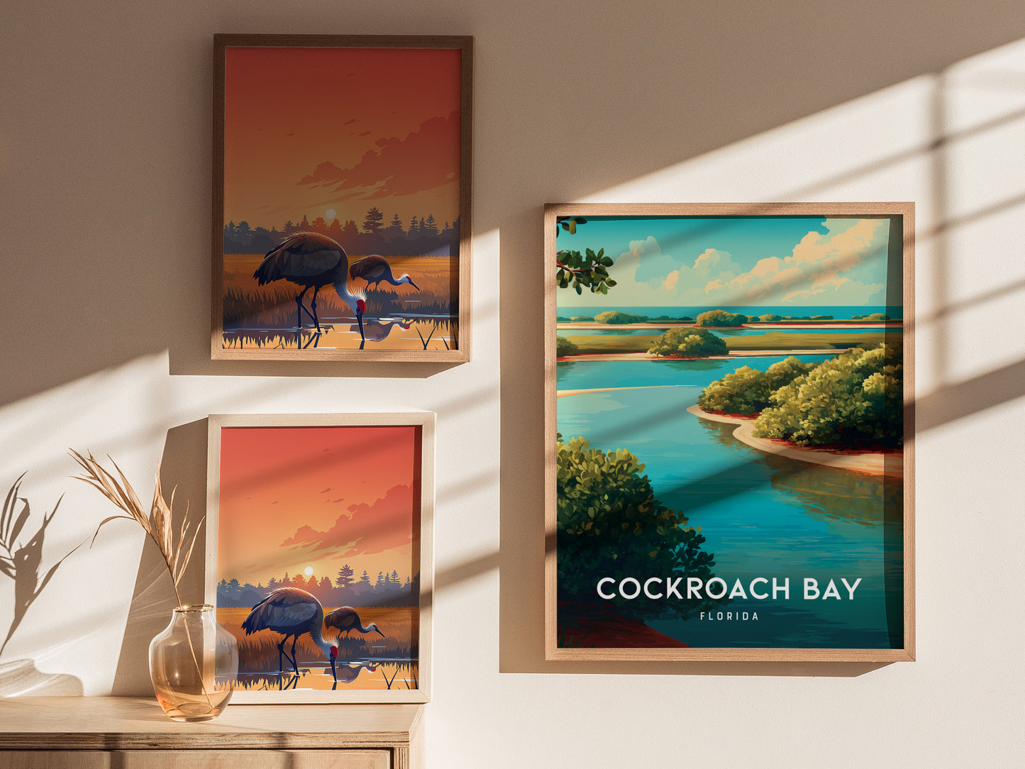 Cockroach Bay, Florida Poster | Mangrove Shores & Wading Birds Wall Art — styled in a modern interior