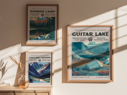 Guitar Lake, Sequoia National Park Poster | Hiker Gift | Backcountry Trail Wall Art — styled in a modern interior