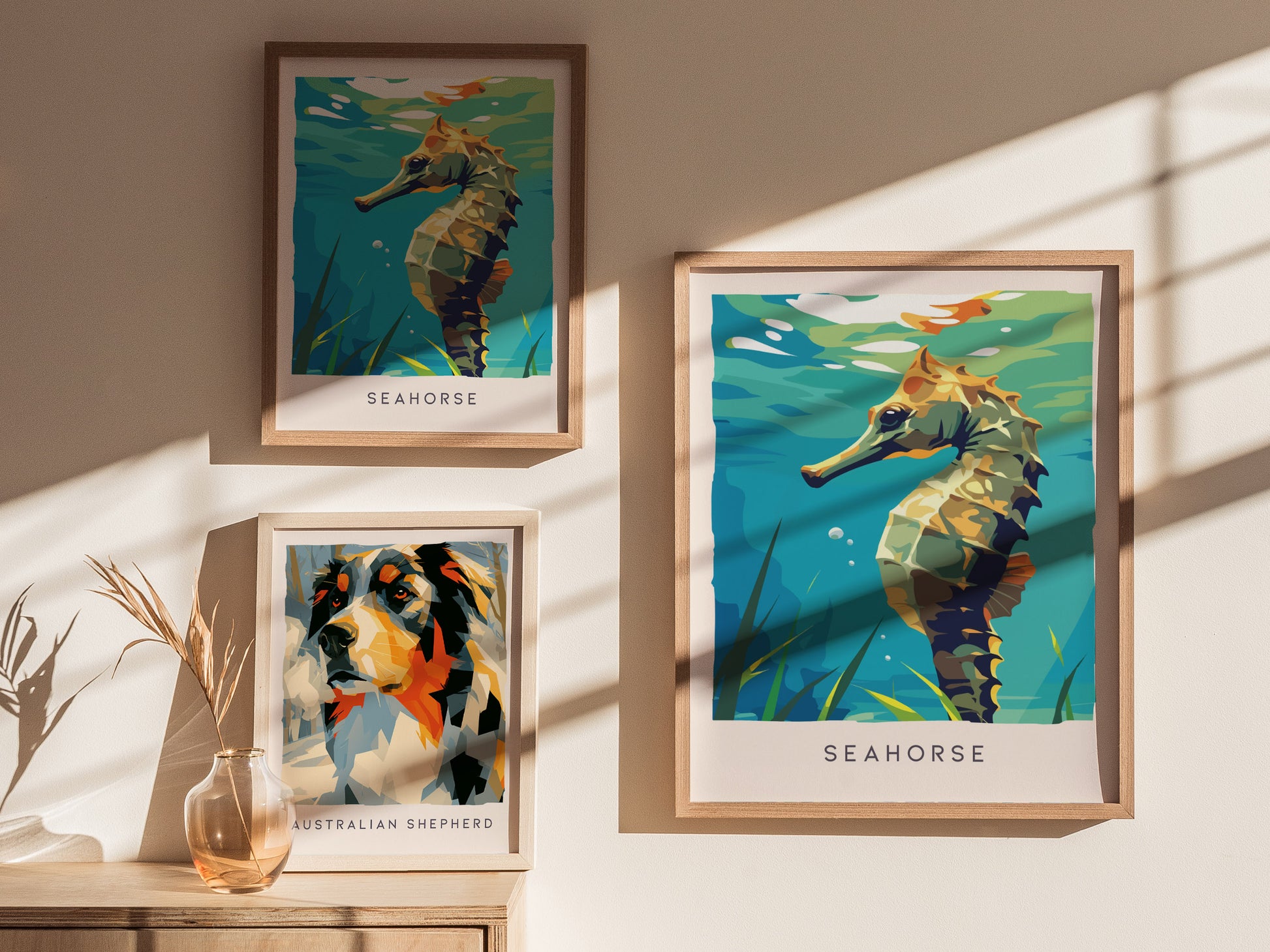Seahorse Wildlife Poster | Graceful Ocean Dweller Fine Wall Art — styled in a modern interior