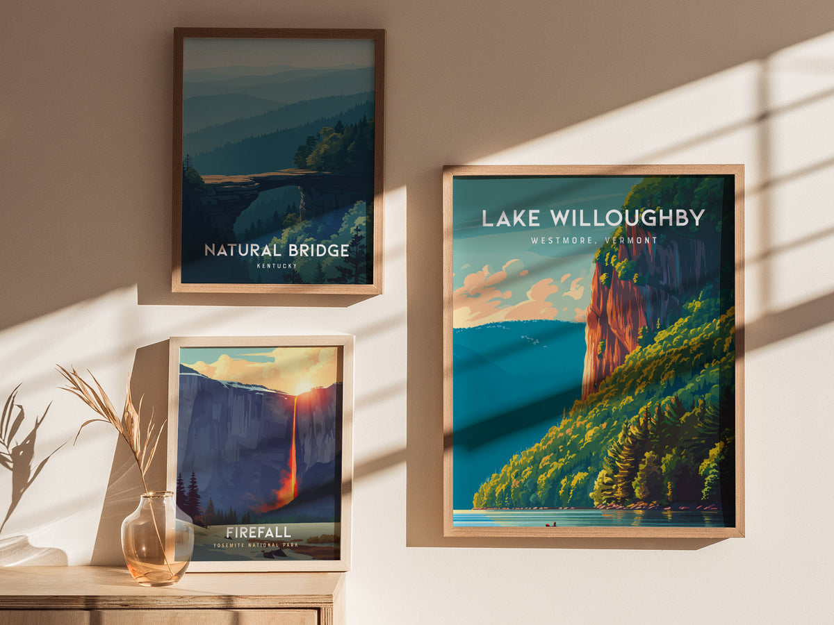 Lake Willoughby, Westmore, Vermont Poster | Scenic Mountain Lake Travel Wall Art — styled in a modern interior