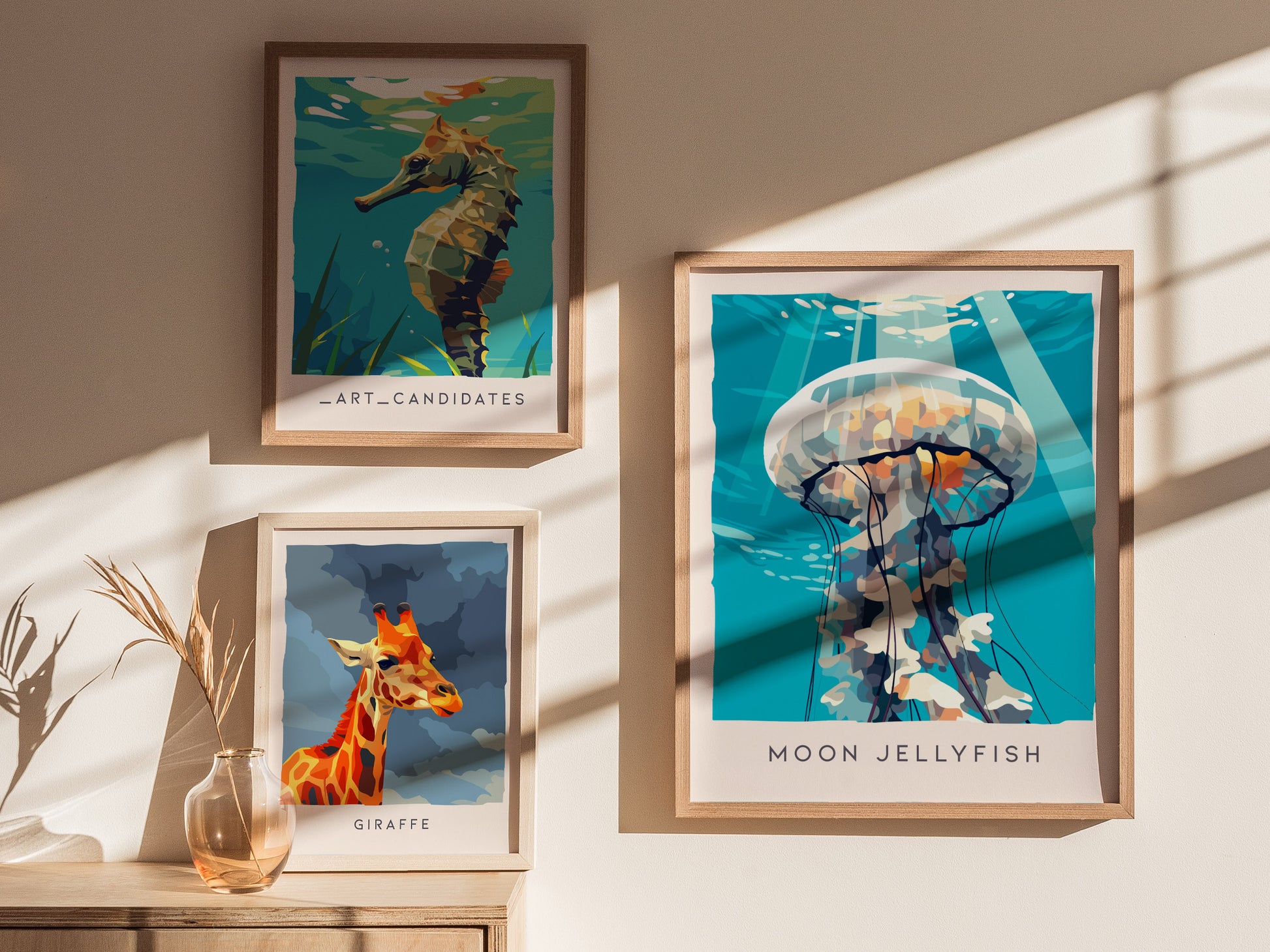 Moon Jellyfish Poster | Ethereal Ocean Drifters Wildlife Wall Art — styled in a modern interior
