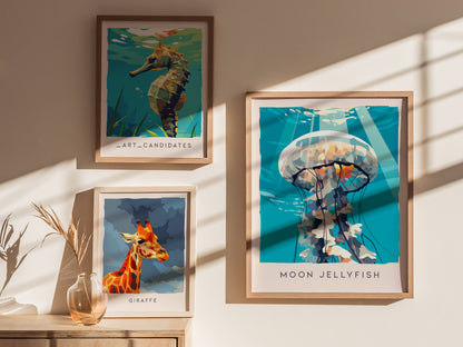Moon Jellyfish Poster | Ethereal Ocean Drifters Wildlife Wall Art — styled in a modern interior