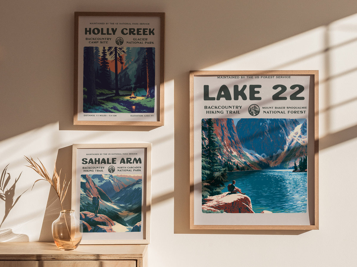 Lake 22, Mount Baker-Snoqualmie National Forest Poster | Hiker Gift | Backcountry Trail Wall Art — styled in a modern interio