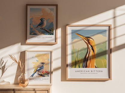 American Bittern Poster | Marshland Heron Wildlife Wall Art — styled in a modern interior
