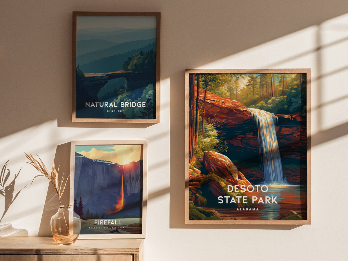 DeSoto State Park, Alabama Poster | Waterfalls & Woodland Trail Wall Art — styled in a modern interior
