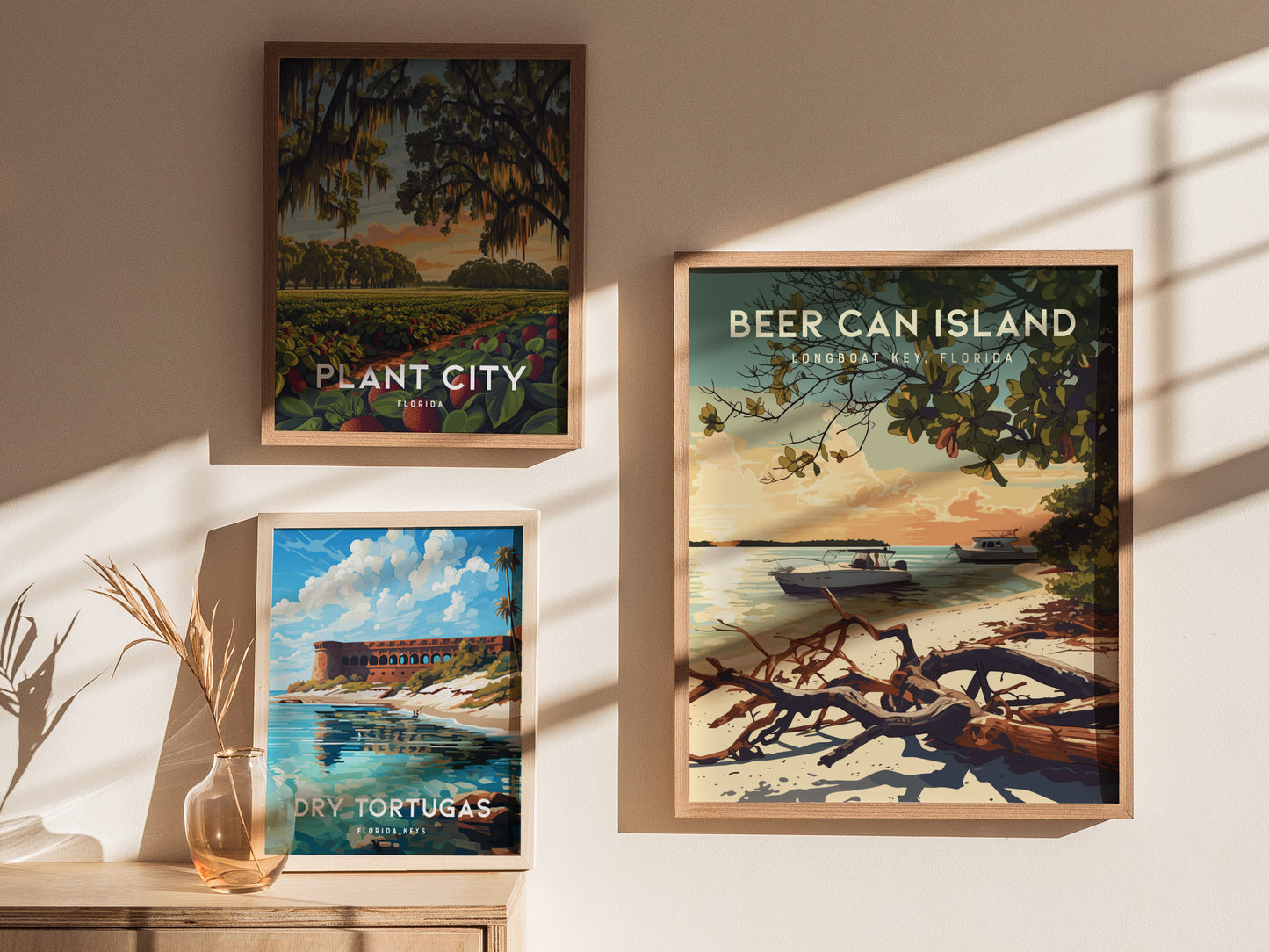 Three framed posters are displayed on a sunlit wall. The top left features Plant City, Florida with a lush landscape, the bottom left depicts Dry Tortugas, Florida Keys with a coastal scene, and the right showcases Beer Can Island,.