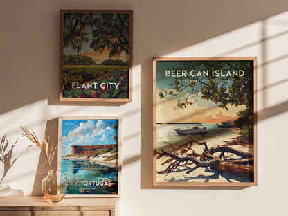 Three framed posters are displayed on a sunlit wall. The top left features Plant City, Florida with a lush landscape, the bottom left depicts Dry Tortugas, Florida Keys with a coastal scene, and the right showcases Beer Can Island,.