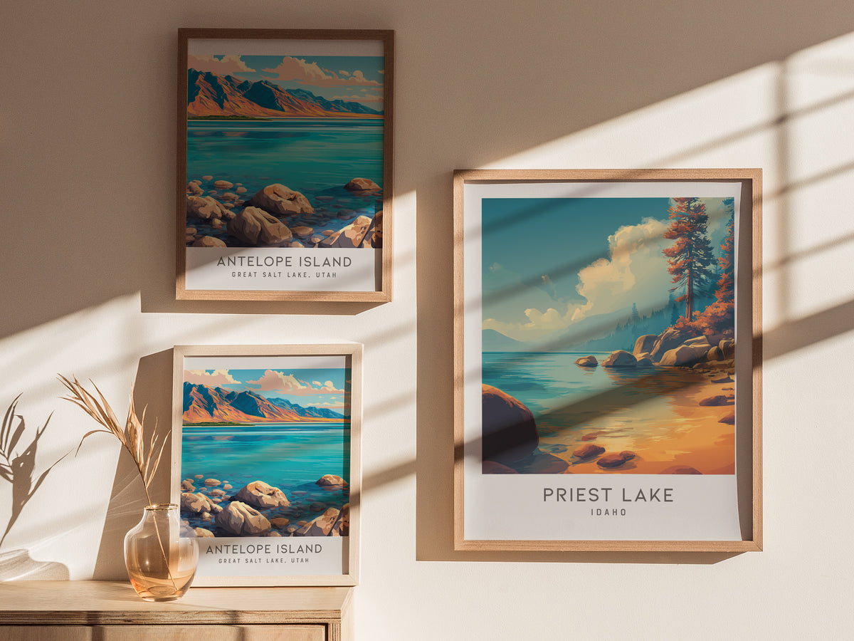 Priest Lake Matte Border Poster | Idaho Destination Print Travel Wall Art — styled in a modern interior