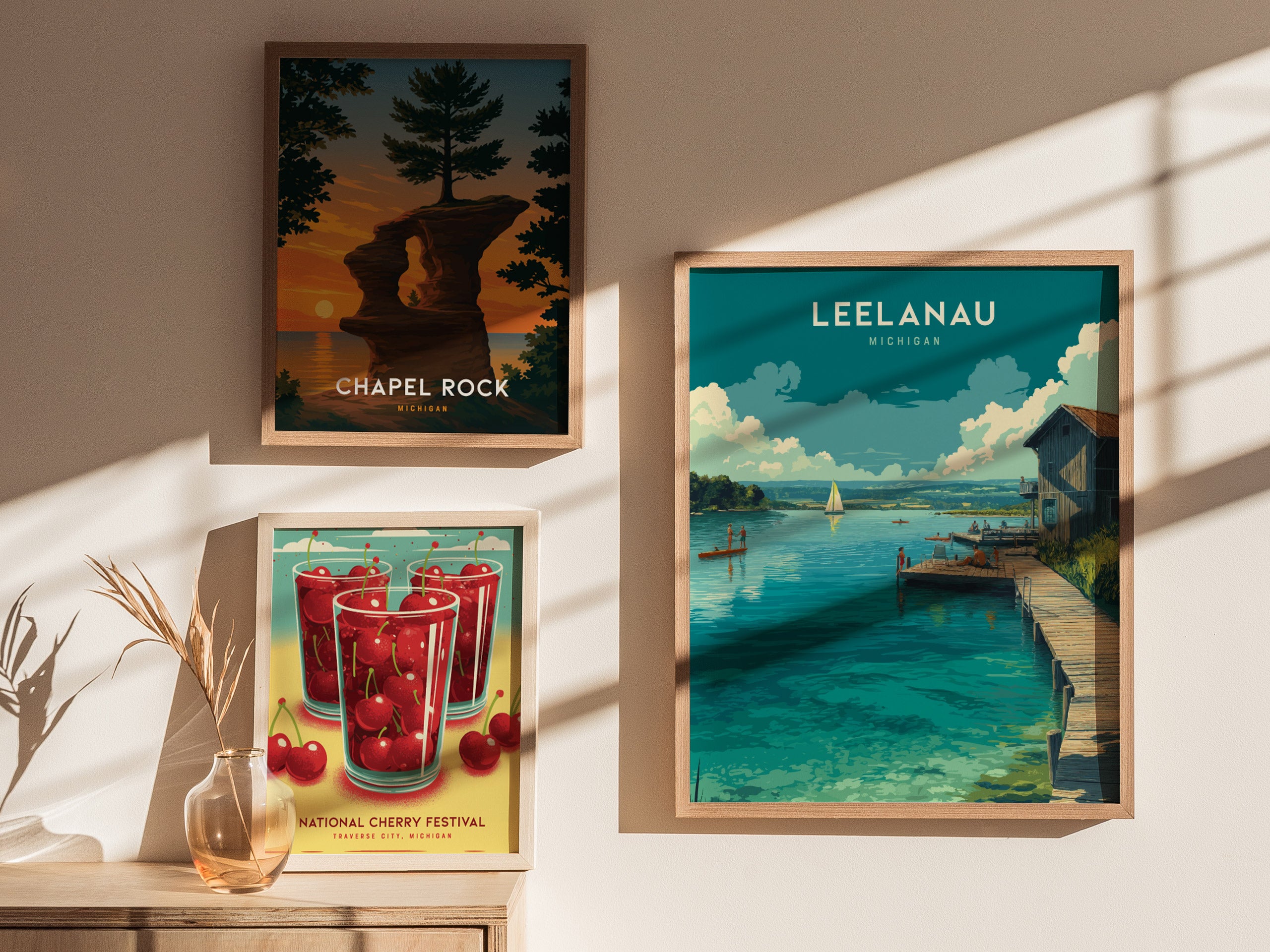 Leelanau Michigan Lake Poster | Rustic Dock Sailboat Wall Art
