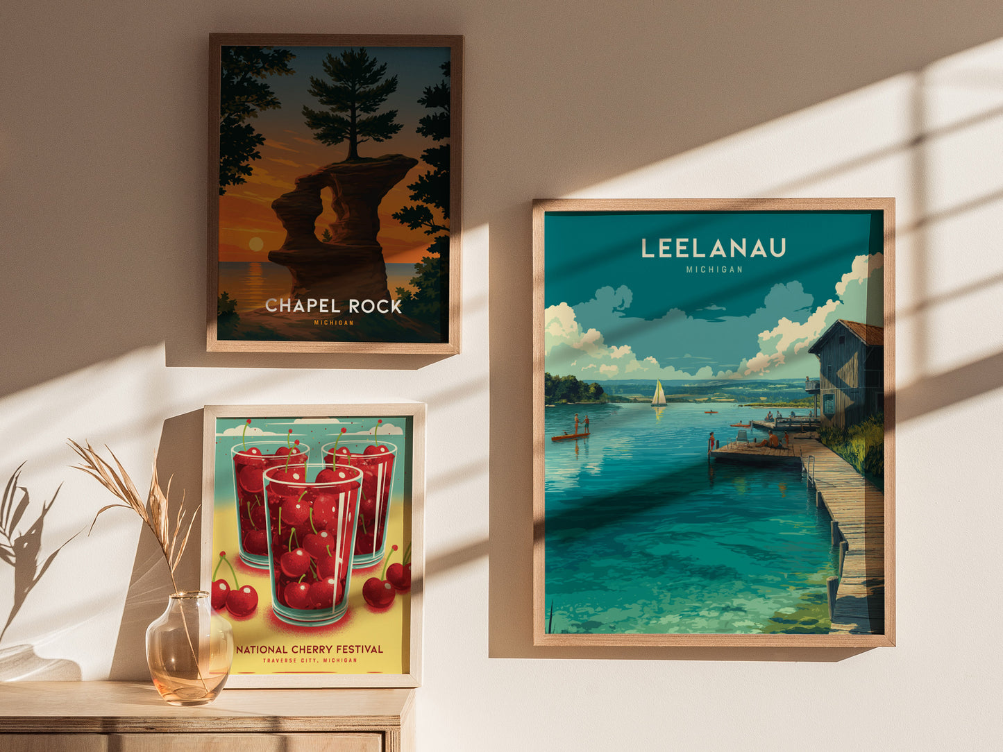 Leelanau Michigan Lake Poster | Rustic Dock Sailboat Wall Art