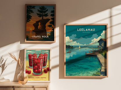 Leelanau Michigan Lake Poster | Rustic Dock Sailboat Wall Art