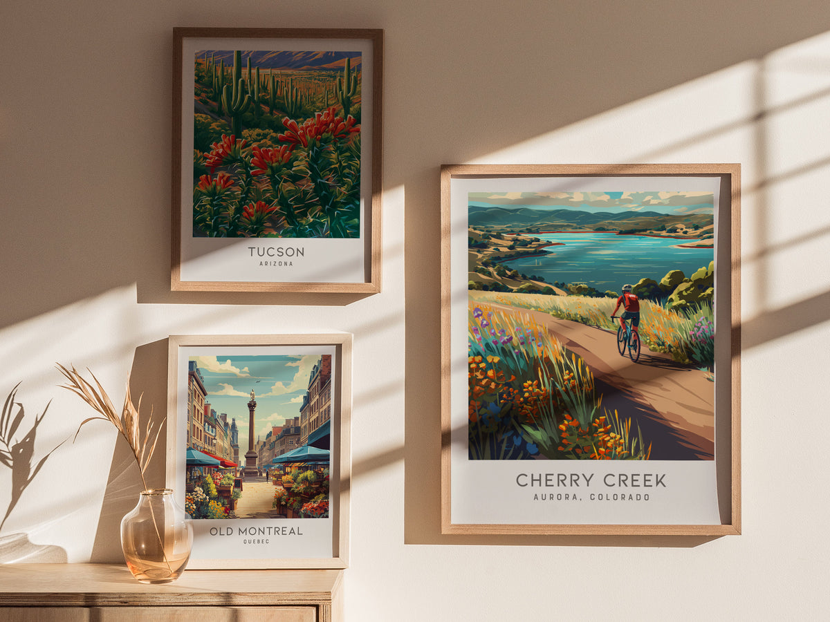 Cherry Creek Matte Border Poster | Aurora, Colorado Destination Print Travel Wall Art — styled in a modern interior
